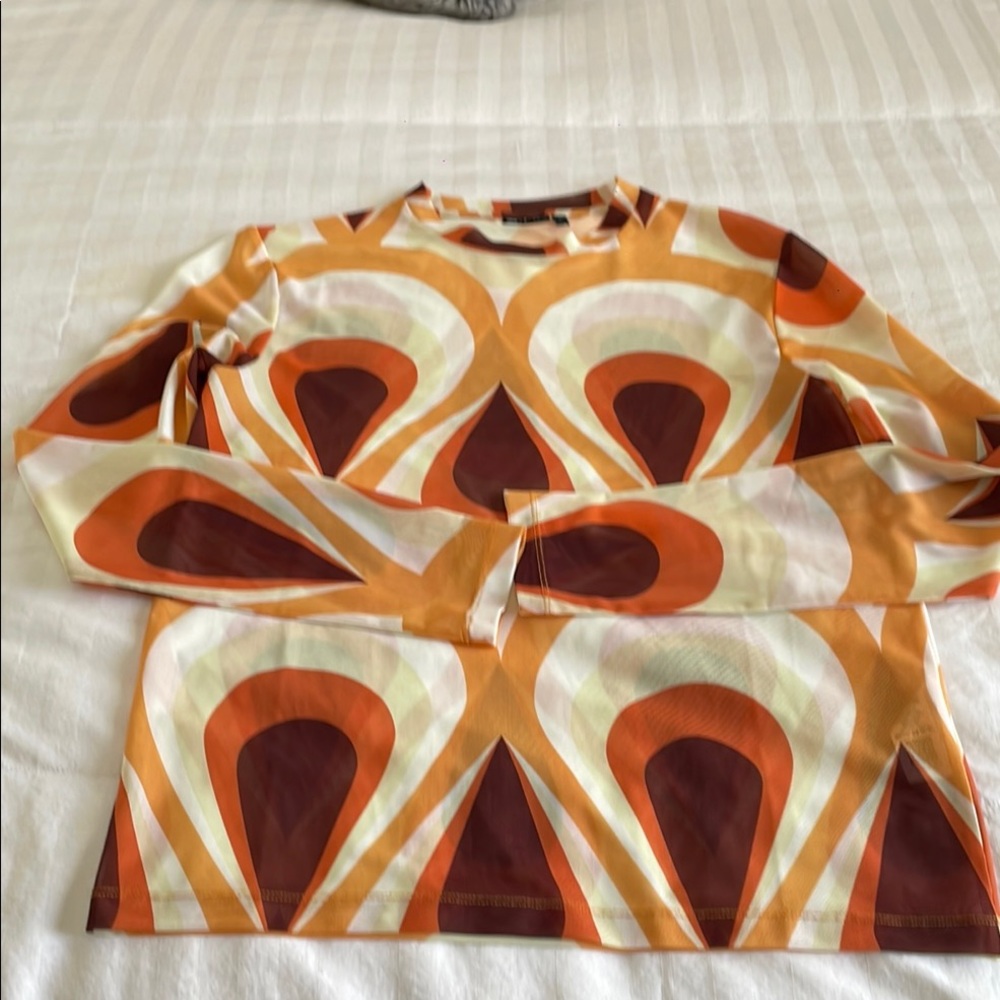 ASOS Retro Geometric Sheer Blouse in Orange and Brown Medium